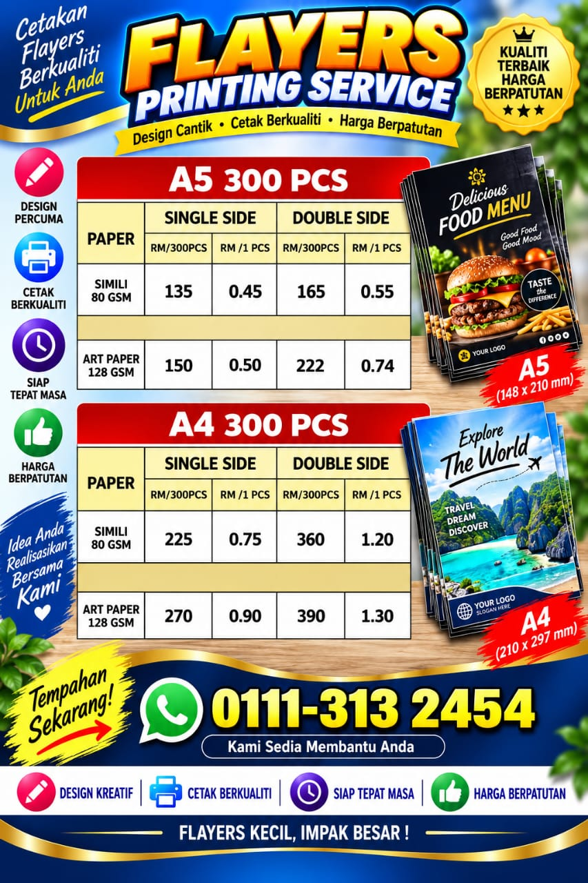 Harga cetakan Flyers A5 dan A4 untuk 300 keping