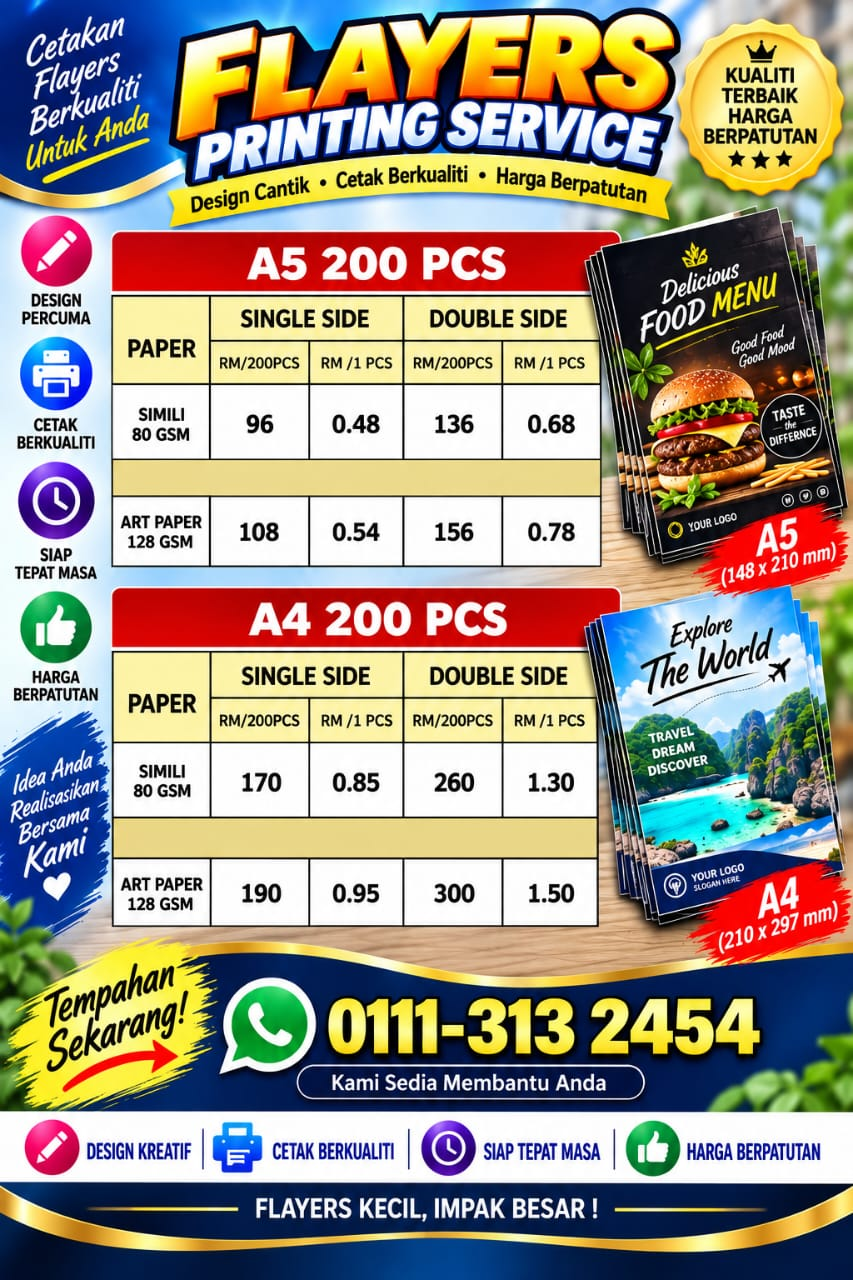 Harga cetakan Flyers A5 dan A4 untuk 200 keping