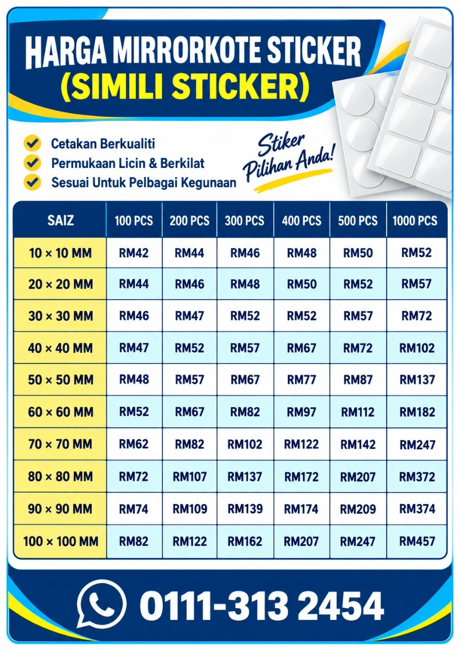 Harga Mirrorkote Sticker (Simili Sticker) — saiz 10×10 mm hingga 100×100 mm, 100 hingga 1000 pcs