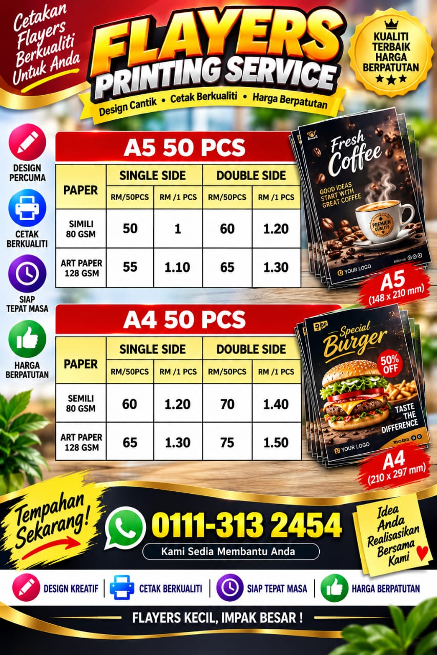 Harga cetakan Flyers A5 dan A4 untuk 50 keping