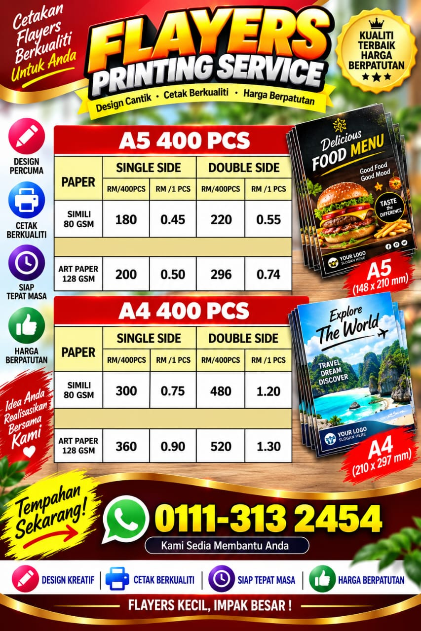 Harga cetakan Flyers A5 dan A4 untuk 400 keping