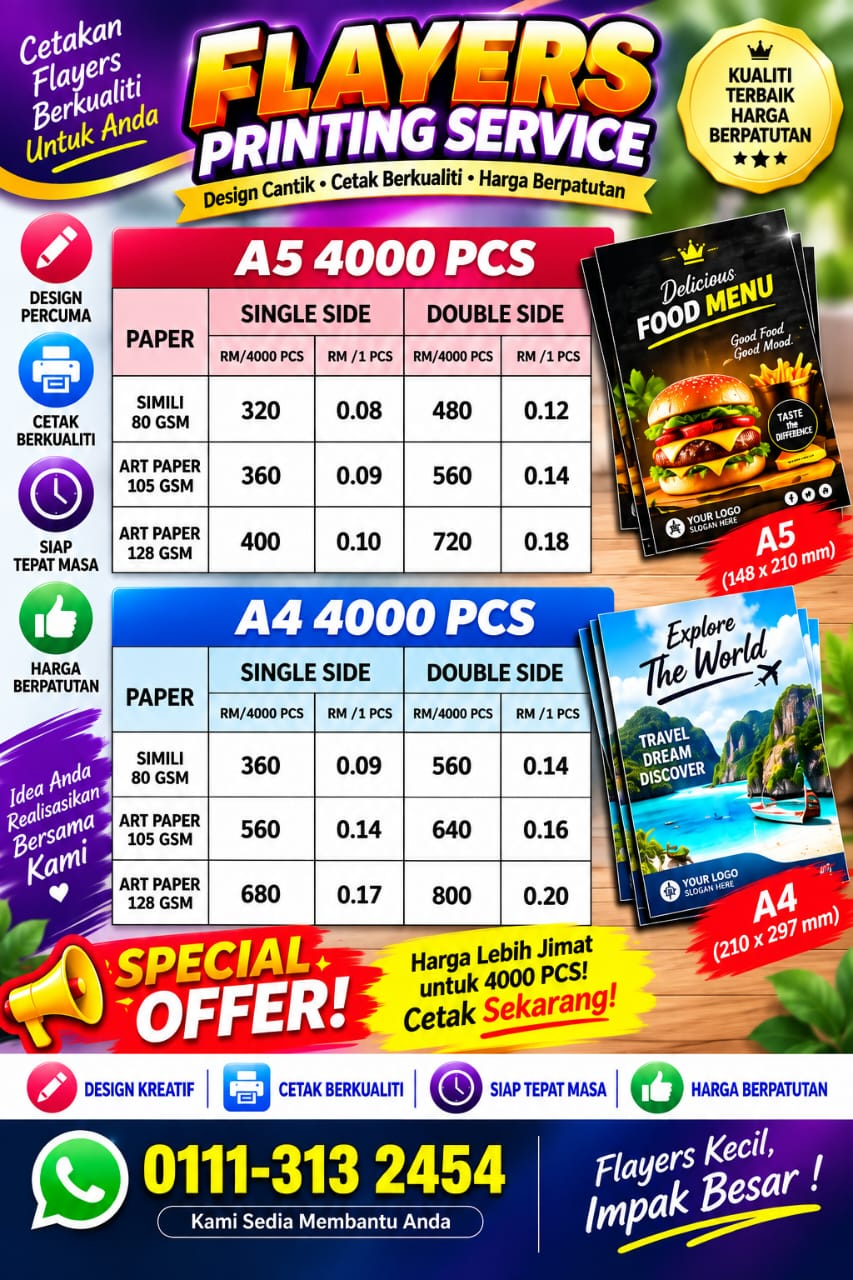 Harga cetakan Flyers A5 dan A4 untuk 4000 keping