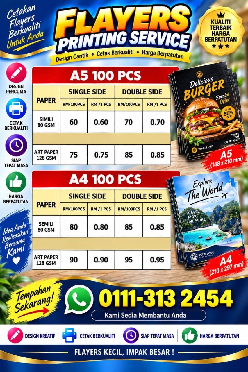 Harga cetakan Flyers A5 dan A4 untuk 100 keping