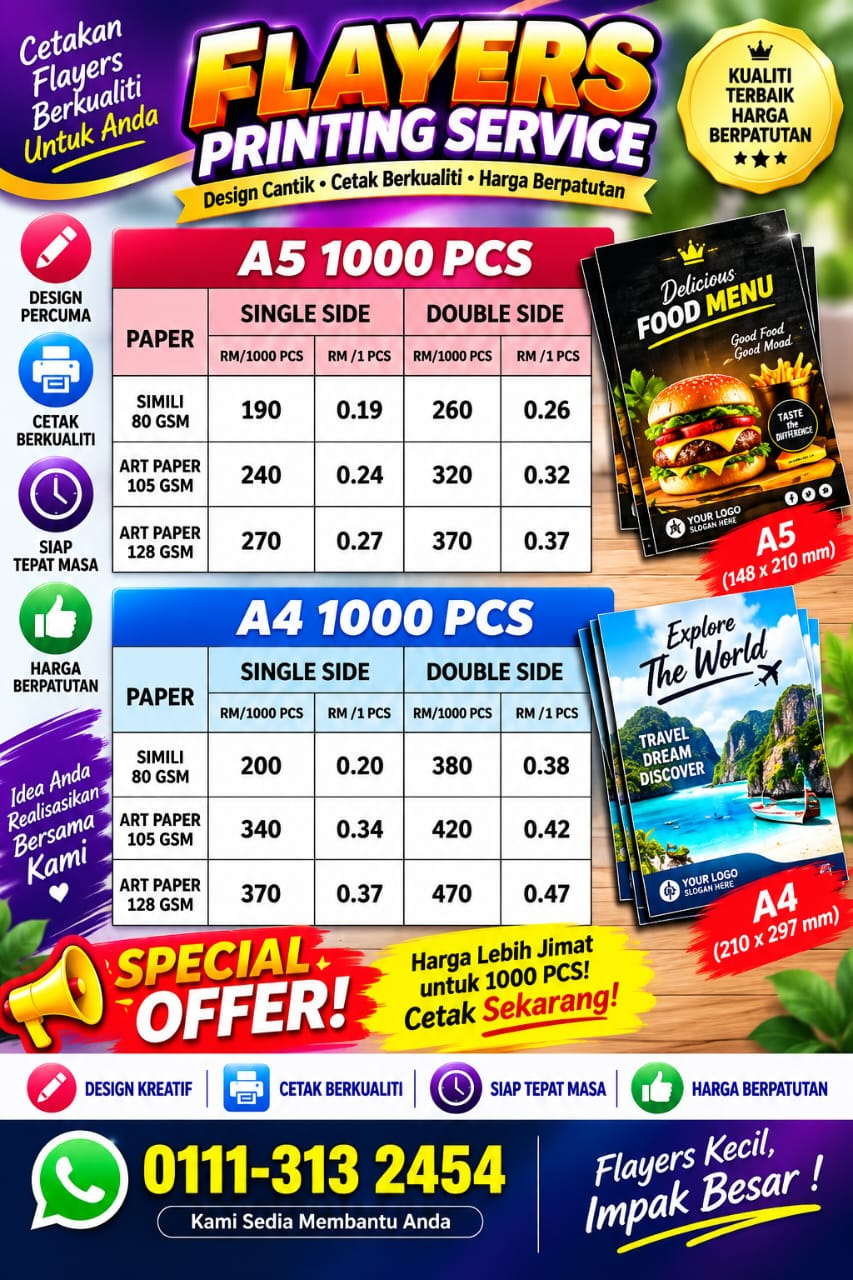 Harga cetakan Flyers A5 dan A4 untuk 1000 keping