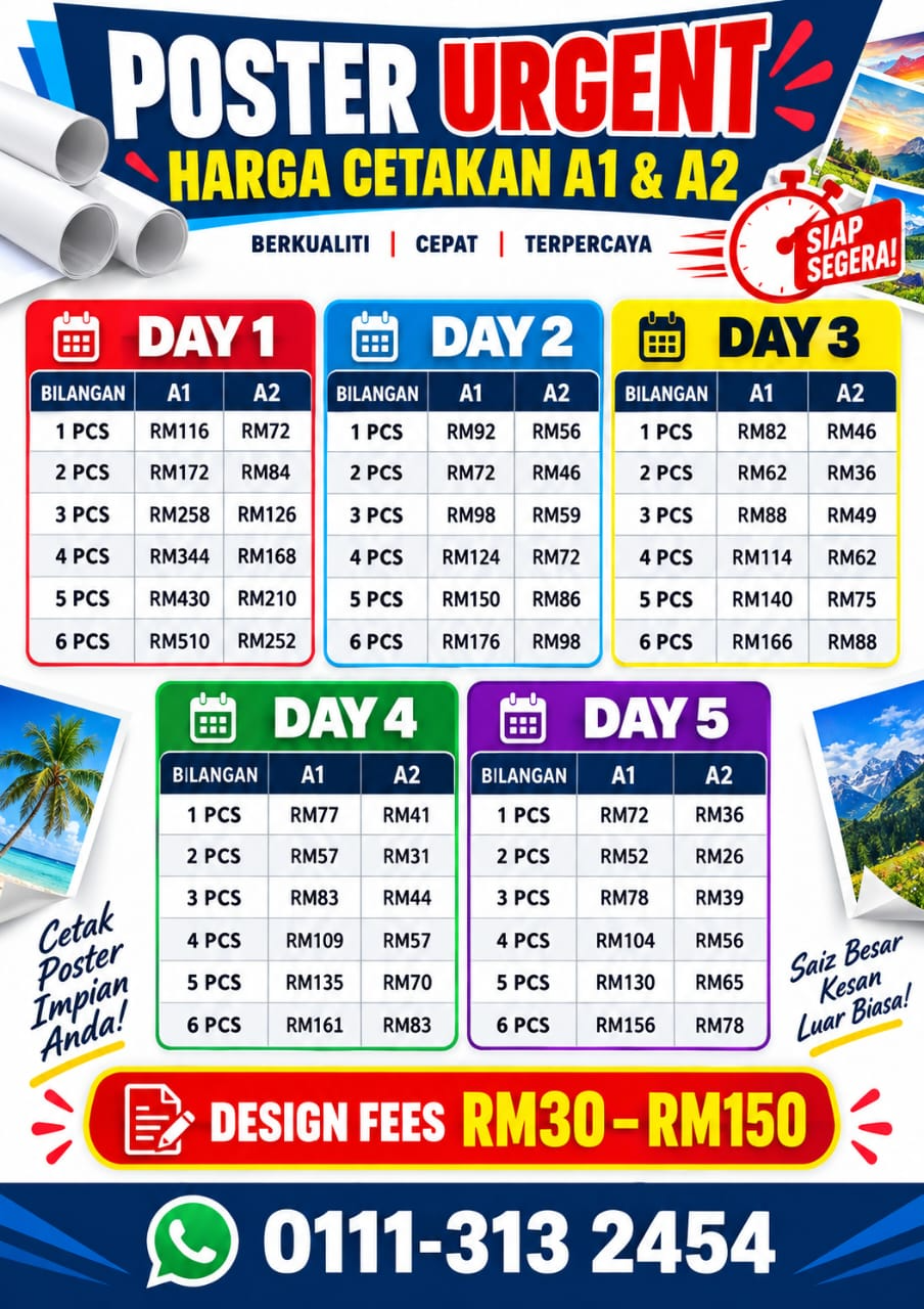 Harga cetakan Poster Urgent A1 dan A2 — siap segera Day 1 hingga Day 5