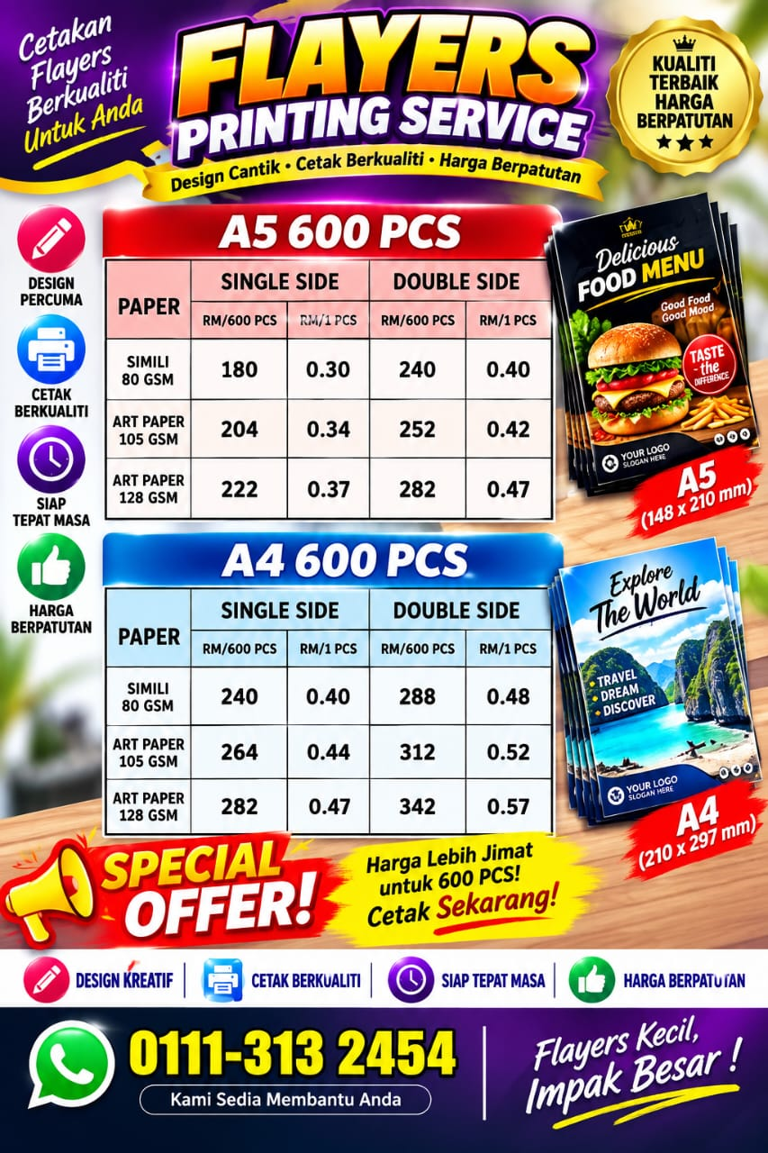 Harga cetakan Flyers A5 dan A4 untuk 600 keping