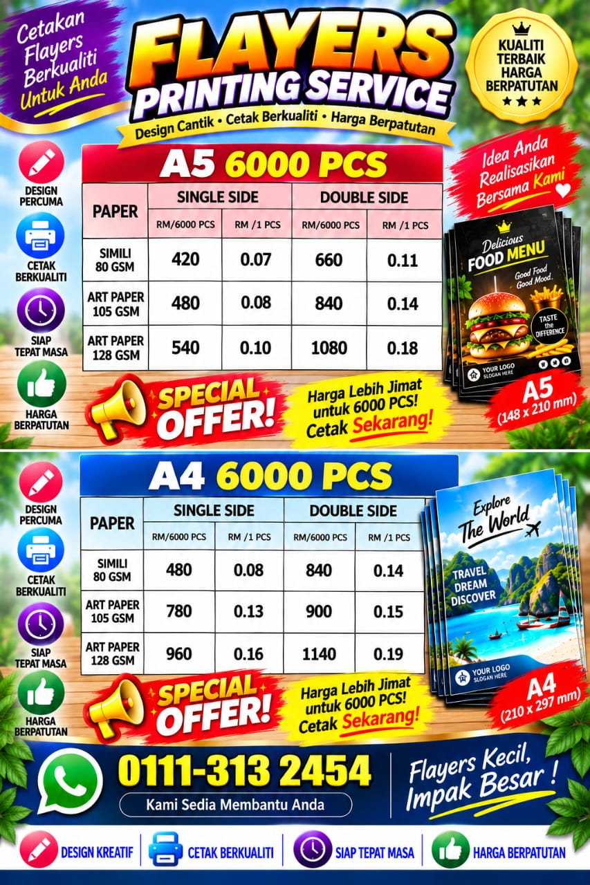 Harga cetakan Flyers A5 dan A4 untuk 6000 keping