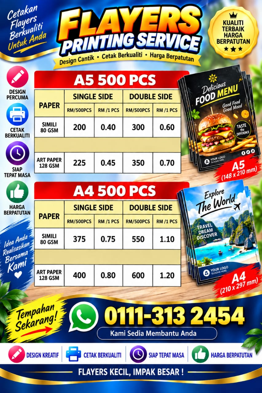 Harga cetakan Flyers A5 dan A4 untuk 500 keping